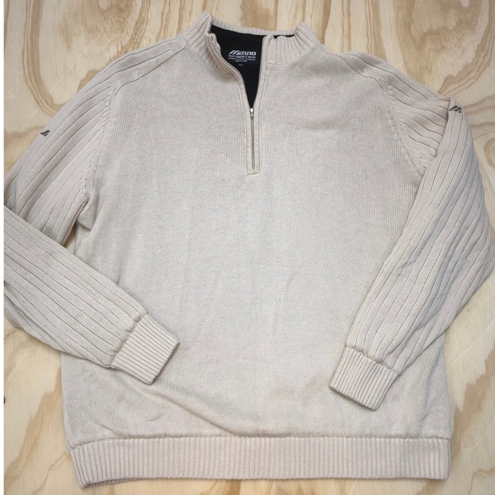 Mizuno Mens XL Performance Wear Quarter Zip Ribbed Knit Sweater Cream Mock Neck